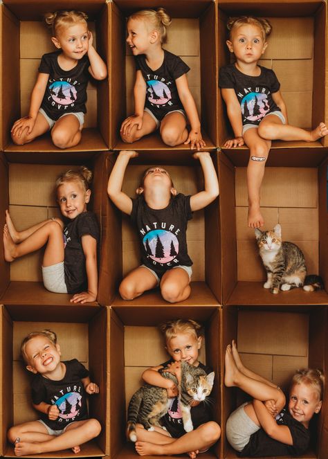 Toddler photography #cardboardbox #boxcollage #toddlerphotography Baby In A Box Photography, In The Box Photography Diy, Box Pictures Ideas, Box Photography Ideas, Toddler Photography Ideas, Toddler Photo Ideas, Box Photoshoot, Kids Photoshoot Ideas, Trucage Photo