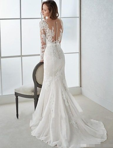 Engagement Formal Open Back Wedding Dresses Sweep / Brush Train Mermaid / Trumpet Long Sleeve V Neck Lace With 2023 Bridal Gowns / Bishop Sleeve / yes Wedding Dresses Mermaid Trumpet, Mermaid Trumpet Wedding Dresses, Long Sleeve Bridal Gown, Wedding Dresses Mermaid, Trumpet Wedding Dress, Top Wedding Dresses, Lace Bridal Gown, Formal Dresses For Weddings, Wedding Dress Trends