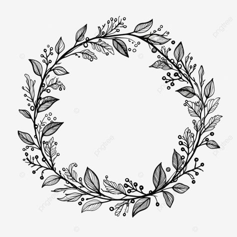 hand drawn christmas wreath circle floral frame with branches black doodle style border leaf wreat Circle Leaf Design, Floral Circle Border, Circle Floral Frame, Border Drawing, Drawing Floral, Round Border, Art 101, Hand Drawn Christmas, Circle Borders