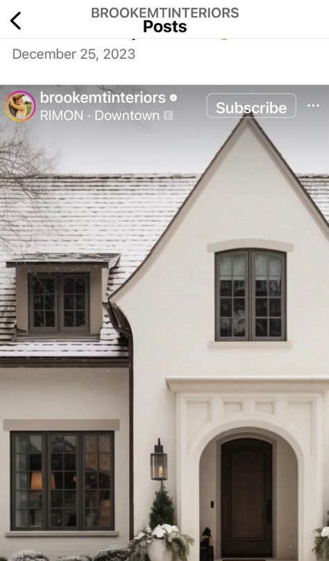 Tan Windows, Ivory Stone House Exterior, Cream Tudor Exterior, Weathered Wood Shingles On White House, European Rambler Exterior, Austin Stone Exterior, Transitional Tudor Exterior, European Farmhouse Exterior Stone, Modern French Country Exterior