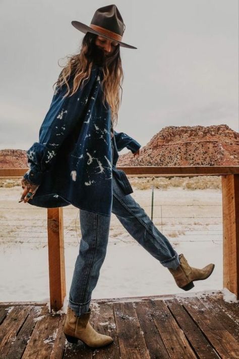 Cowboy Hat Outfit Fall, Austin Trip Outfits, Denim Boho Outfit, Denim On Denim Outfit Country, Cowgirl Boots With Dress Outfit, Urban Western Fashion, Denim On Denim Outfit Fall, Winter Cowgirl Boots Outfit, Urban Cowgirl Outfits