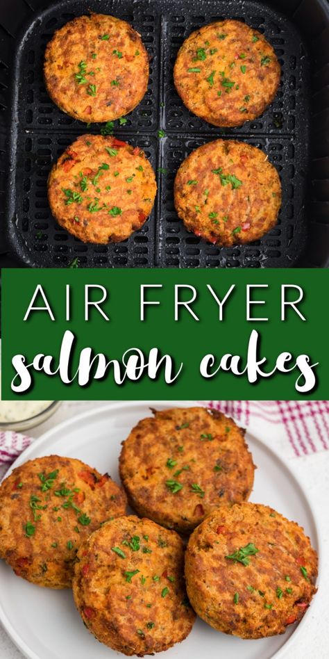 Air Fryer Salmon Cakes are made with wild Alaskan salmon, red bell pepper, fresh chopped parsley, and the perfect blend of seasonings. It's the perfect air fryer appetizer to make and serve before dinner or serve as a snack. Airfryer Salmon Cakes, Make Before Dinner, Salmon Cakes With Fresh Salmon Air Fryer, Air Fryer Cajun Salmon, Air Fryer Salmon Burgers, Salmon Cakes Air Fryer, Air Fryer Salmon Patties, Air Fryer Recipes Uk, Air Fryer Recipes Salmon