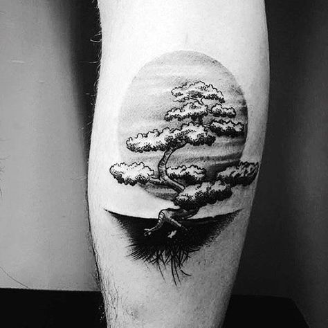 Man With Black Ink Shaded Bonsai Tree And Sun Tattoo On Leg Bonsai Tree Tattoo, Tree Leg Tattoo, Bonsai Tattoo, Tree Tattoo Art, Bonsai Tree Tattoos, Tree Tattoo Meaning, Pine Tattoo, Tree Tattoo Men, Jagua Henna