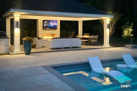 14x24 Caribbean Vinyl Pavilion in Manorville NY - LCB Cabana Ideas Backyard, Pool Pavilion Ideas, Modern Pool Cabana, Backyard Pool Cabana, Pool Cabana Ideas, Pool House Shed, Pool Gazebo, Patio Remodel, Dream Backyard Pool