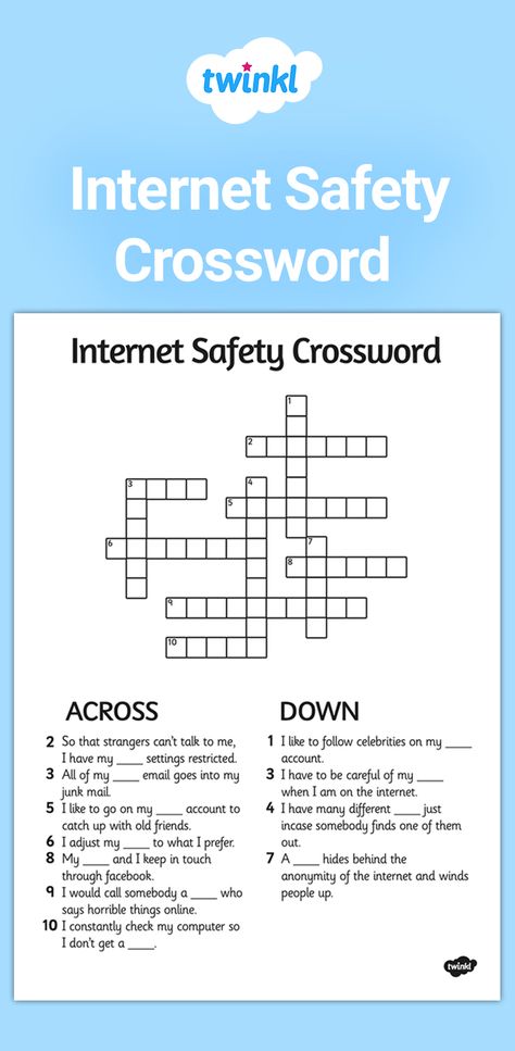 This Internet Safety crossword is a perfect starter to your lesson, providing the perfect opportunity for your children to show how much they know and remember, and how much they need to learn still. Sign up to Twinkl to download. #internet #internetsafety #online #onlinesafety #crossword #computing #technologies #computerscience #twinkl #twinklresources #teaching #teachingresources #education Internet Safety Worksheet, Online Safety For Kids, Online Safety Activities, Cvc Worksheets Free, Internet Safety Activities, Safety Worksheets, Computer Classroom, Internet Safety Tips, Safety Games