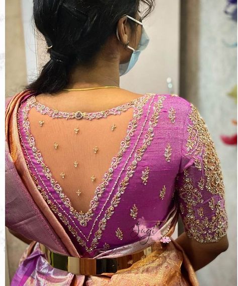 Work Blouse Back Designs Latest, Netted Blouse Designs Maggam Work, Back Work Blouse Designs Latest, Boat Neck Blouse Designs Latest Back Maggam Work, Back Neck V Shape Blouse, Net Pattu Blouse Designs, Silk Saree Net Blouse Designs, Back Net Maggam Work Blouses, Maggam Work Blouse Designs Latest Net