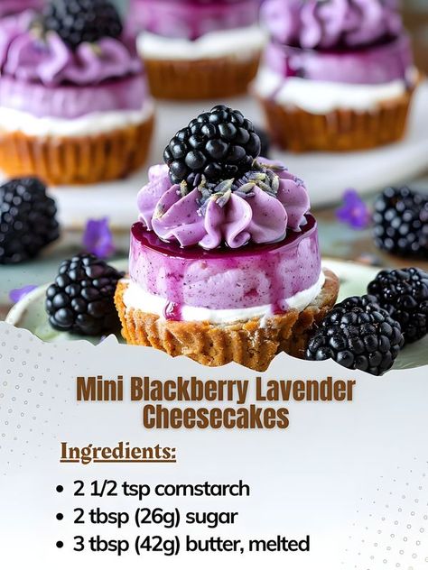 Alldelishes Mini Blackberry Lavender Cheesecakes, Blackberry Lavender Cheesecake, Blackberry Topping, Lavender Cheesecake, Blackberry Lavender, Berry Cheesecake, Cheesecake Recipes, Blackberry, Cheesecake