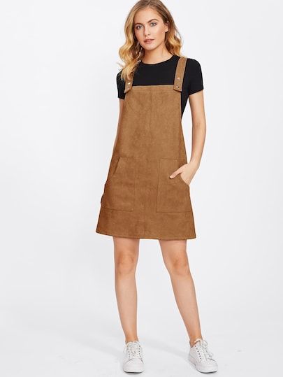 Patch Pocket Front Suede Overall Dress SheIn.com. Simple casual going out dress. #overall #casualoutfits #womensfashion #dresses #fallstyle #affiliate Brown Jumper Dress, Jumper Dress Outfit, Hooded Sweatshirt Dress, Corduroy Overall Dress, Tie Waist Dress, Formal Outfit, Overall Dress, Ladies Dress Design, Sweatshirt Dress