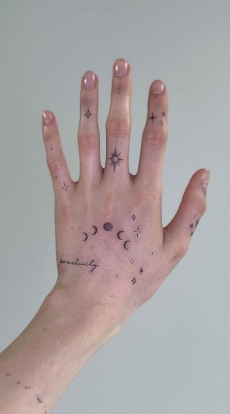 Stars And Moon Hand Tattoo, Stars Hand Tattoos For Women, Moon And Star Hand Tattoo, Left Right Hand Tattoo, Planet Hand Tattoo, Faded Hand Tattoos, Miningful Tattoo, Intricate Hand Tattoo, Hand Star Tattoos For Women