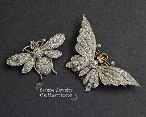 Complementary set of Edwardian period bee and butterfly brooches! These exhibit the platinum diamond and have many different types of diamond cuts.Total: 25.7 gramsTotal Diamonds: 6.4 caratsBee:Weight: 10.95 gramsSize: 1.7 inch x 1.1 inchPrecious Metal: PlatinumPrecious stones:-Diamond RoundsButterfly:Weight: 14.75 gramsSize: 2.5 inch x 1.2 inchPrecious Metal: PlatinumPrecious stones:-Diamond Rounds Types Of Diamond Cuts, Diamond Butterfly, Jewelry Design Drawing, Dragonfly Jewelry, Edwardian Jewelry, Bee Brooch, Types Of Diamonds, Bollywood Jewelry, Antique Brooches