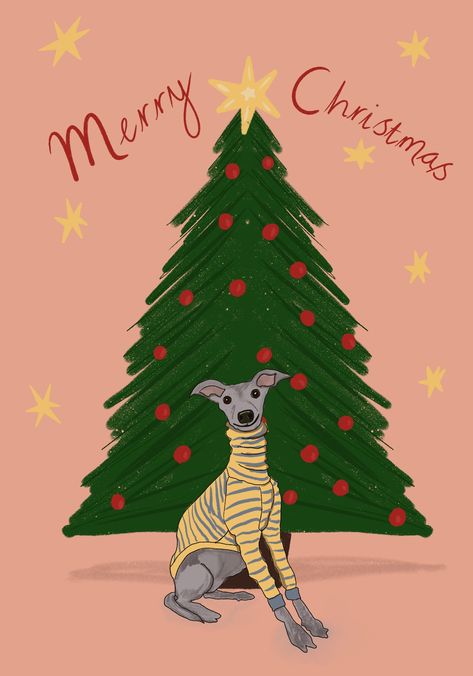 Whippet greyhound dog in a yellow and grey striped jumper in front of a Christmas tree. Hand drawn illustration with peach pink background and yellow hand drawn stars. Italian Greyhound Illustration, Christmas Card Ideas Drawing, Dog Christmas Card Ideas, Christmas Greyhound, Christmas Dog Illustration, Greyhound Illustration, Greyhound Christmas, Dog Watercolour, Hand Drawn Christmas Cards