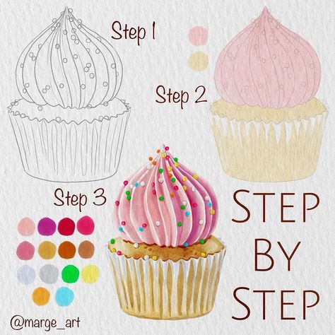 Party Cupcake!🧁 Available detailed step by step #stepbystepwithmarge on Buy me a Coffee. For Supporters only. Click the link in my bio😉 | Instagram Painting Cupcakes, Sweets Watercolor, How To Drow, Ceramics Plates, Cupcake Painting, Painting Journal, Birthday Watercolor, 2023 Party, Drawing Food