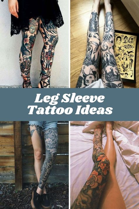 Leg Sleeve Tattoo Info & Inspiration - TattooGlee Women’s Leg Sleeve Tattoo Ideas, Female Leg Sleeve Tattoo Ideas, Half Sleeve Leg Tattoos For Women, Half Leg Tattoos Women, Leg Sleeves For Females Ideas, Lower Leg Sleeve Tattoos Female, Tattoo Ideas Female Sleeve Leg, Large Leg Tattoos For Women, Women’s Leg Sleeve