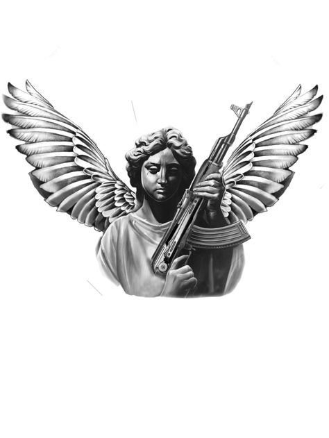 Angel Holding Ak Tattoo, Angle With Ak47 Tattoo, Gangster Angel Tattoo, Angel With Ak Tattoo, Arte Bob Marley, Geometric Tattoo Sleeve Designs, Athena Tattoo, Trash Polka Tattoo Designs, Angel Graphic