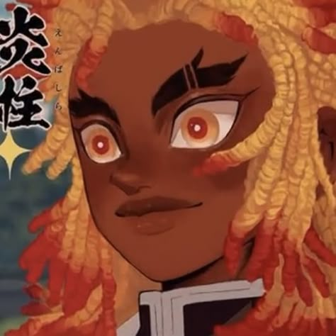 Blasian Rengoku, Black Demon Slayer Character, Black Kny Characters, Black Demon Slayer Pfp, Black Tengen, Black Rengoku, Blasian Demon Slayer, Rengoku Black, Blasian Anime Characters