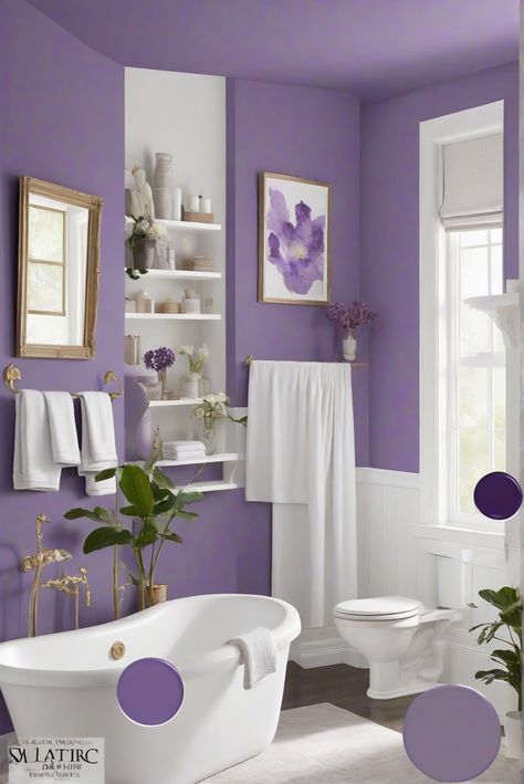 decorating interiors, home interior design, paint color match, interior bedroom design Purple Bathroom Walls, Bathroom Wall Paint, Senior Bathroom, Purple Wall Paint, Dark Purple Walls, Small Bathroom Renos, Bathroom 2024, Purple Bathroom, Glam Bathroom