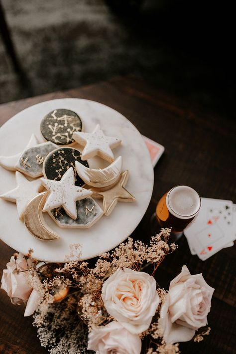 Celestial Wedding Food, Celestial Wedding Party, Star Themed Bridal Party, Celestial Wedding Decor Starry Nights, Star Night Wedding Theme, Celestial Floral Arrangements, Celestial Party Theme Decor, Celestial Charcuterie Board, Starry Themed Wedding