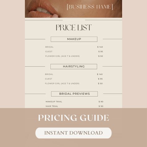 makeup artist, princing guide, bridal makeup, professional makeup artist, wedding makeup specialist, beauty studio owner, price list, editable wedding price list, price template, small business printable, customizable price template, hair price sheet, hair styling price guide Makeup Artist Price List, Wedding Price List, Makeup Price List, Artist Wedding, Makeup Prices, Makeup Professional, Business Printables, Price List Template, Pricing Guides