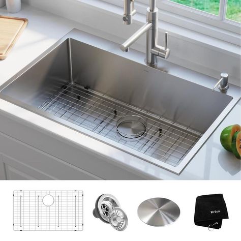 Kraus Standart PRO 33-in x 22-in Stainless Steel Single-Basin Drop-In 2-Hole Commercial/Residential Kitchen Sink Contemporary Sink, Single Basin Kitchen Sink, Residential Kitchen, Apron Front Kitchen Sink, Drainboard Sink, Interiors Kitchen, Drop In Kitchen Sink, Kitchen Updates, Sinks Kitchen Stainless