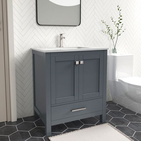 Amandie 30'' Single Bathroom Vanity with Top Small Bathroom Sink And Vanity, Small Bathroom Grey Vanity, 30” Bathroom Vanities, 30” Bathroom Vanity, Small Vanity Ideas Bathroom, 32 Inch Bathroom Vanity, Powder Room Storage, Powder Room Vanities, Bathroom 2024