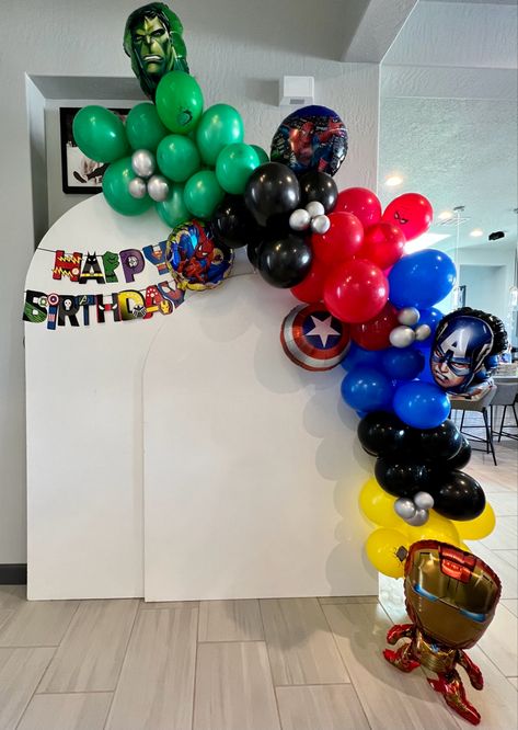 Marvel balloon garland and archs for birthday party Marvel Birthday Balloon Arch, Avengers Birthday Party Balloons, Marvel Balloon Decorations, Avenger Balloon Garland, Marvel Theme Birthday Party Decorations, Super Hero Birthday Decoration, Avengers Balloon Decorations, Avenger Balloon Arch, Marvel Balloon Ideas