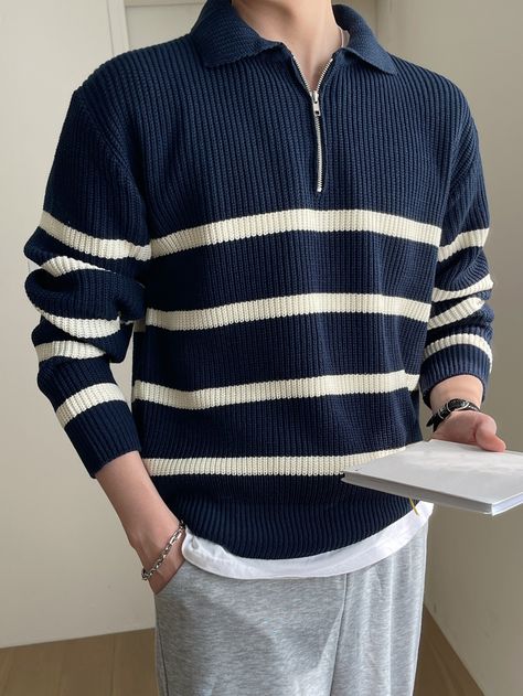 Navy Blue Casual Collar Long Sleeve Fabric Striped Pullovers Embellished Medium Stretch  Men Knitwear Sweater Outfits Men, Zipper Sweater, Men Stylish Dress, Mens Casual Dress Outfits, Guys Clothing Styles, Loose Long Sleeve, Mens Outfit Inspiration, Cool Outfits For Men, Zippered Sweater