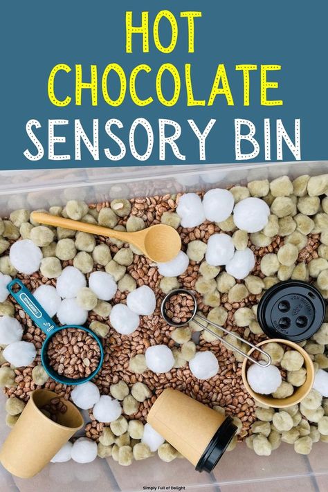 hot chocolate sensory play - a fun hot cocoa sensory bin Hot Cocoa Sensory Bin, Hot Chocolate Sensory, Winter Sensory Play, Chocolate Activities, Winter Sensory Bin, Winter Sensory, Preschool Cooking, Toddler Sensory Bins, Winter Theme Preschool