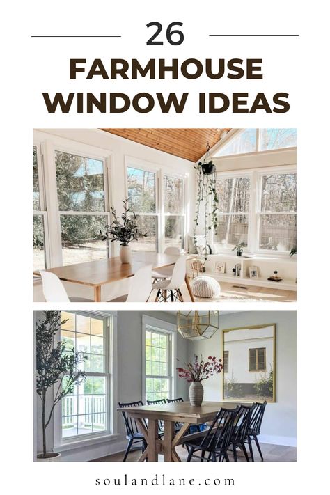 Illuminate your home with rustic light through farmhouse window ideas designed to brighten your interior and bring the outdoors in. Think large, open windows adorned with light, breezy curtains or no coverings at all to maximize natural light. Explore the charm of traditional barn-style windows, modern farmhouse designs with clean lines, or classic casement windows with a rustic twist. Incorporate window seats or plant shelves to create cozy nooks and add greenery. These farmhouse window concept Farmhouse Windows Interior, Modern Farmhouse Living Room Windows, Natural Wood Windows, Country Cottage Windows, Large Window Treatments Living Rooms, Prairie Windows, Modern Farmhouse Windows, Windows Modern Farmhouse, Window Treatments Living Room Farmhouse