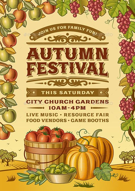 Vintage autumn festival poster in woodcut style. Editable vector illustration with clipping mask. Texts on this illustration are m Autumn Poster Design, Fall Festival Poster, Autumn Graphic Design, Autumn Posters, Clay Cafe, Autumn Fair, Fruit Sketch, Autumn Poster, Sidewalk Sign