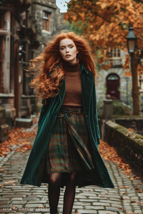 Redhead woman, velvet long green coat, autumn street, walking alone, golden leaves, cool air, chic fashion, relaxed expression, peaceful moment, cobblestones, layered fall style, muted colors, seasonal beauty, calm demeanor, soft breeze, crisp air, thoughtful mood, soft lighting, quiet street, subtle elegance, understated beauty, autumn walk, serene moment Redhead Clothes Outfits, Redhead Fall Outfits, Redhead Aesthetic Outfit, Green Velvet Coat, Autumn Deep, Autumn Color Palette Fashion, Long Green Coat, Redhead Woman, Layering Ideas