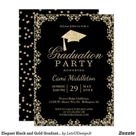 Elegant Black and Gold Graduation Invitation Black And Gold Template, Black And Gold Graduation, High School Design, Graduation Poster, Graduation Invitations Template, Trade School, Graduation Cap Decoration, Cap Decorations, Black Invitation