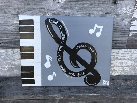 God is within her, she will not fail -Psalm 46:5 || musical notes piano keys and treble clef in black white & grey || bible verse canvas painting || Canvases for Christ BMK Music Painting Canvas, Ideas Painting Canvas, Bedroom Art Painting, Canvas Painting Quotes, Door Painting, Music Canvas, Canvas Art Quotes, Music Drawings, Music Painting