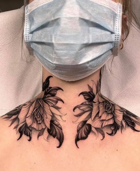 Top Shoulder Tattoos For Women Unique, Collar Bone Neck Tattoos For Women, Womens Throat Tattoo Ideas, Throat Neck Tattoo Women, Throat And Chest Tattoos Women, Flowers Throat Tattoo, Women Pelvis Tattoo, Dark Neck Tattoos Women, Chest And Throat Tattoo Female