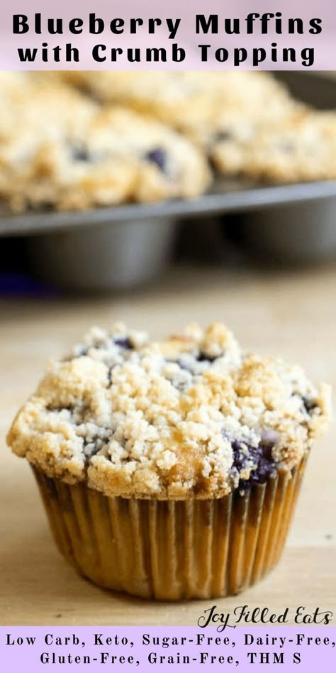 Blueberry Muffins with Crumb Topping - Low Carb, Keto, Sugar-Free, Dairy-Free, Gluten-Free, Grain-Free, THM S - These blueberry muffins with crumb topping are the perfect grab-and-go snack or make-ahead breakfast. If you are looking for a healthy and wholesome delicious blueberry muffin recipe you have come to the right place! Blueberry Muffins With Crumb Topping, Low Carb Blueberry Muffins, Dairy Free Bread, Dairy Free Snacks, Smoothie King, Joy Filled Eats, Dairy Free Breakfasts, Muffin Recipes Blueberry, Keto Friendly Desserts