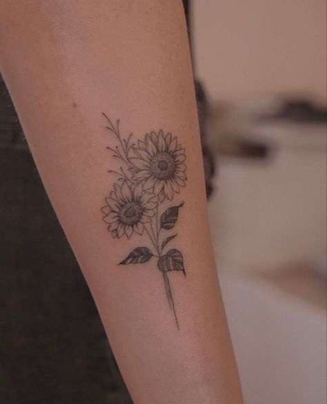 Sunflower With Wildflowers Tattoo, Three Sunflower Tattoo, Bunch Of Sunflowers Tattoo, Bouquet Of Sunflowers Tattoo, Two Sunflowers Tattoo, 2 Sunflowers Tattoo, Dainty Sunflower Tattoo, Sunflower Bouquet Tattoo, Sunflower Tattoo On Wrist