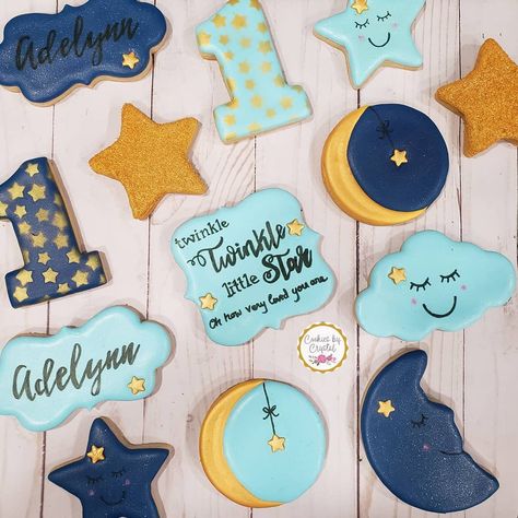 Tiny Nursery, Moon Cookies, First Birthday Party Decorations, Star Cookies, Sugar Art, Edible Art, 1st Boy Birthday, Twinkle Twinkle, Birthday Party Decorations