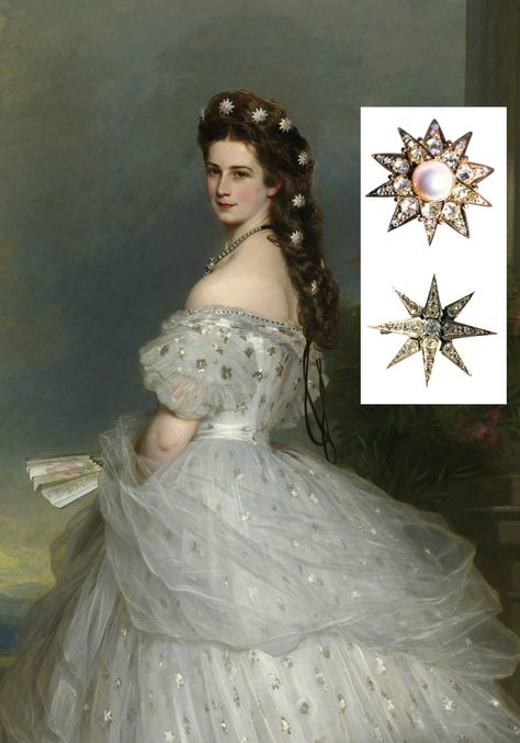 Detail of portrait of Empress Elisabeth of Austria, by Winterhalter, 1865, Bundesmobilienverwaltung Hofburg Vienna Sisi Museum (photo: Gerald Schedy). Empress Elisabeth "Sisi" is shown in a court gala dress designed by Worth, with diamond stars in her hair. Sisi possessed a variety of diamond stars, both eight-pointed and ten-pointed, with and without pearls. The inset photo (© SKB) shows diamond stars with pearls and without pearls, made by Köchert and Rozet & Fischmeister, respectively. Kochert Tiara, Empress Elisabeth Of Austria, Elisabeth Of Austria, Empress Sissi, Empress Elisabeth, Dinner Gowns, Gala Dress, Lady In Waiting, Edwardian Jewelry