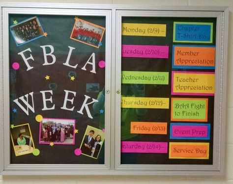 FBLA bulletin board for 2014-2015 FBLA Week. It lists the days of the week. Fbla Bulletin Board, Career Bulletin Boards, High School Bulletin Boards, Bulletin Board Design, I Love School, Computer Education, School Clubs, Business Essentials, Classroom Bulletin Boards