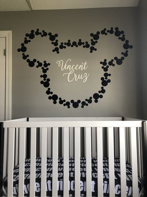 Mickey Mouse wall vinyl decal Baby Nursery Disney Themed Rooms Wall Murals, Mickey Mouse Wall Painting, Mickey Mouse Nursery Ideas, Mickey And Minnie Nursery, Mickey Mouse Room Decor, Disney Baby Rooms, Disney Baby Nurseries, Mickey Mouse Nursery, Mickey Mouse Bedding