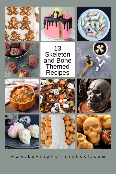 These 13 Skeleton and Bone Themed Recipes will be great fun for a Halloween party or studying the skeleton or anatomy! Bone Shaped Food, Skeleton Theme Party, Bone Themed Food, Skeleton Themed Food, Skeleton Party Food, Skeleton Food Ideas, Bad Two The Bone Birthday Party Food, Skeleton Snacks, Skeleton Party Ideas