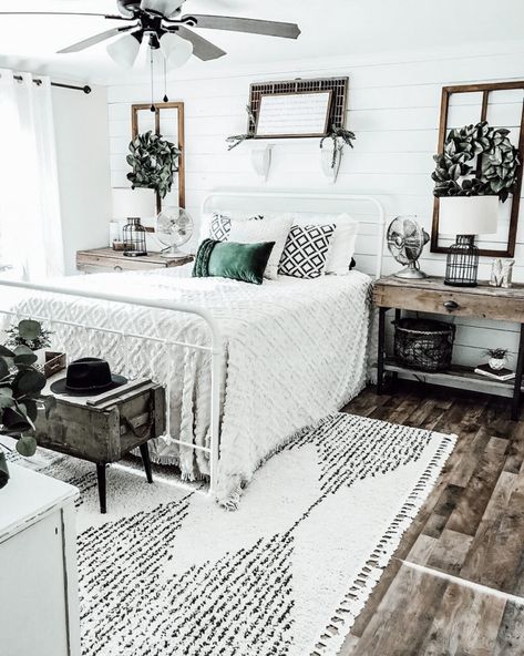 Need some Farmhouse inspiration? Check out these dreamy Farmhouse bedroom ideas and transform your bedroom into a beautiful space! Metal Bed Frame Bedroom Ideas, Metal Bed Frame Bedroom, Diy Farmhouse Bedroom, White Metal Bed Frame, White Metal Bed, White Washed Furniture, Farmhouse Bedroom Ideas, Black Bed Frame, White Shiplap Wall