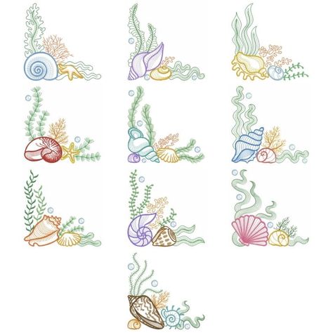 Seashells Embroidery Designs, Mermaid Embroidery, Sea Drawing, Sea Life Art, Mermaid Painting, Machine Embroidery Projects, Pola Sulam, 자수 디자인, Embroidery Library