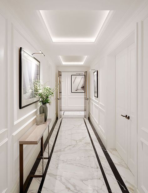 Knightsbridge Apartment - Laura Hammett Apartment Corridor Design, Apartment Corridor, Apartment Entrance, Marble Flooring Design, Drawing Room Decor, Corridor Design, Neoclassical Interior, Hallway Designs, Hallway Design