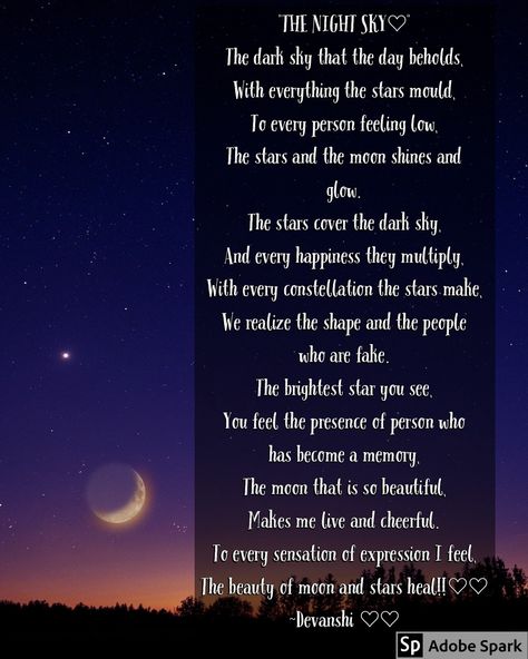 It is a poem..through which I tried to showcase the beauty of the night sky!!♥️💫💫 Night Poem, Time Poem, Poetic Quote, Poetry Hindi, Poems Beautiful, A Poem, The Night Sky, Self Healing, Night Sky