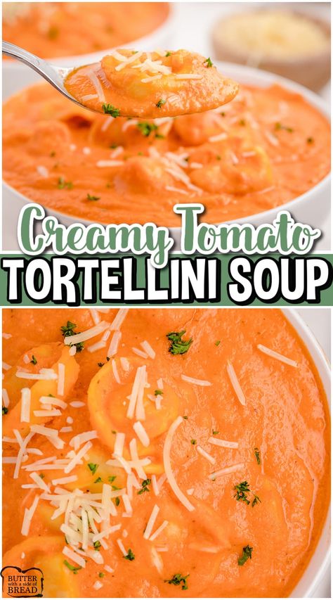 Creamy Tomato Soup with Tortellini is a flavorful homemade soup loaded with veggies! Cheese tortellini added to creamy tomato soup & topped with cheese for a warm, comforting dinner. Roasted Tomato Tortellini Soup, Cheese Tortellini Tomato Soup, Three Cheese Tortellini Soup, Tomato Tortellini Soup Crockpot, Tortellini Soup With Cream Cheese, Tortellini Recipes Soup, Soup Recipes Tortellini, Tomato Soup With Tortellini, Tortellini Soup Crockpot