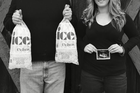 Baby announcement idea. "Ice Ice Baby" Letrozole Baby Announcement, Ice Ice Baby Announcement, Ice Ice Baby Pregnancy Announcement, Half Baked Maternity, Fishing Baby Announcement, Baby Reveal Pictures, Creative Baby Announcements, Pregnancy Announcement Pictures, Announcement Pictures