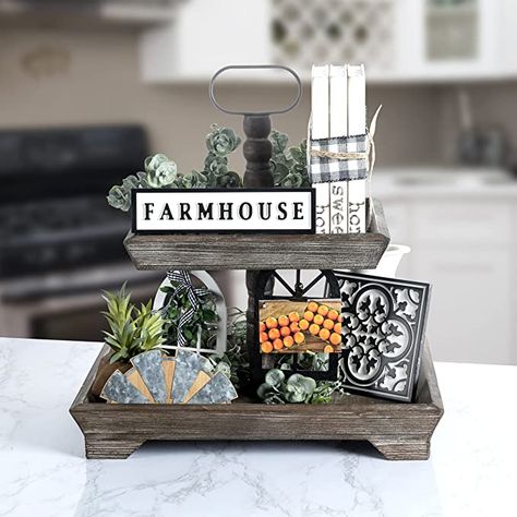 Heather & Willow Farmhouse Tiered Tray Decor Items Set of 5 | Tiered Serving Decorative Galvanized Tray | Rustic Vintage Tier Tray Decorations | Fall, Home & Living Room & Kitchen Décor Fall Kitchen Island Decor, Bathroom Tiered Tray Decor, Farmhouse Tiered Tray Decor, Galvanized Decor, Galvanized Tray, Antique Vintage Decor, Farmhouse Tiered Tray, Farmhouse Style Table, Fall Living Room Decor