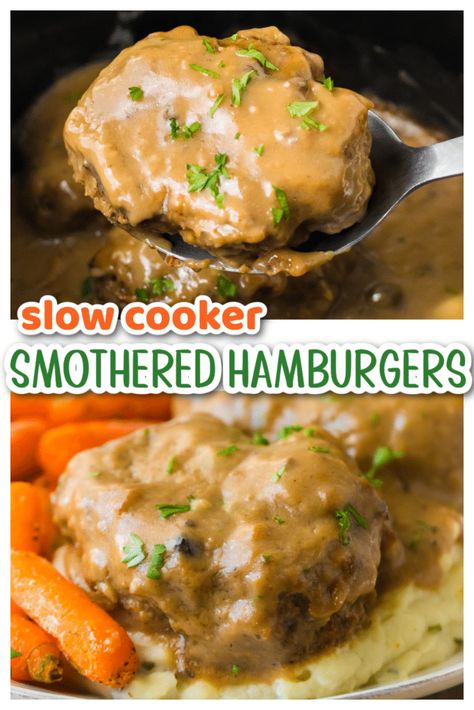 Smothered Hamburgers, Slow Cooker Hamburger Recipes, Hamburger Crockpot Recipes, Hamburger Meat Recipes Easy, Ground Beef Crockpot Recipes, Slow Cooker Ground Beef, Recipes Only, Hamburger Dishes, Easy Crockpot Dinners