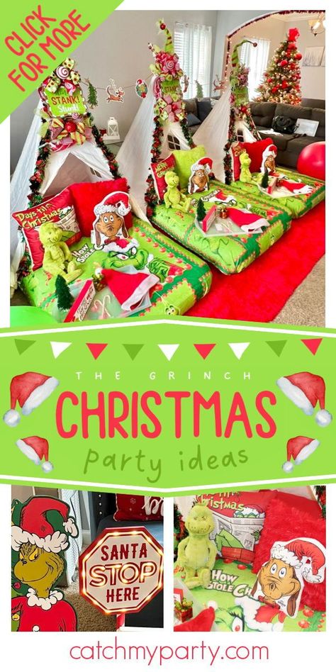 Check out this jolly Grinch-themed Christmas sleepover! The teepees are so much fun! See more party ideas and share yours at CatchMyParty.com Grinch Teepee Party, Grinch Christmas Sleepover, Grinch Sleepover Party, Grinch Themed Christmas Party, Christmas Party Decorations Diy, Christmas Sleepover, Sleepover Christmas, Christmas Party Ideas, Teepee Party