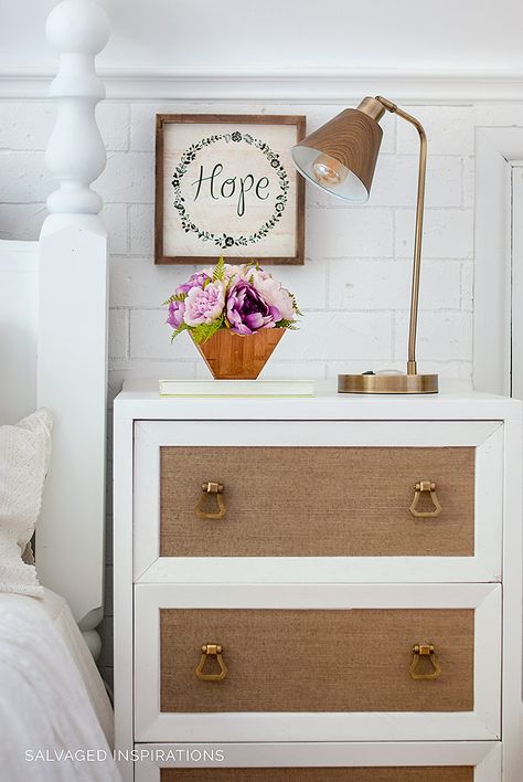 Salvaged Nightstand w Wallpapered Drawers Grass Cloth Nightstand, Wallpapered Furniture, Nightstand Decor Ideas, Wallpaper Drawers, Grass Cloth Wallpaper, Cloth Wallpaper, Salvaged Decor, Nightstand Styling, Nightstand Makeover